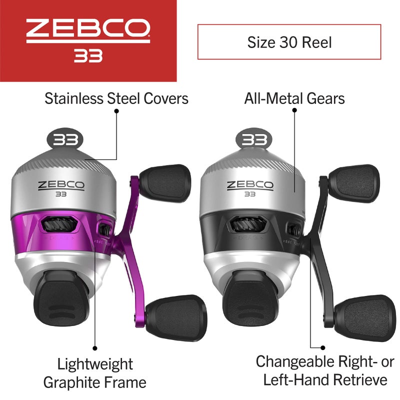 Zebco 33 Spincast Reel and Fishing Rod Combos (2-Pack), 5-Foot 6-Inch 2-Piece Fiberglass Rods with EVA Handle, Quickset Anti-Reverse Fishing Reels with Bite Alert, 1-Pink, 1-Black - Image 3